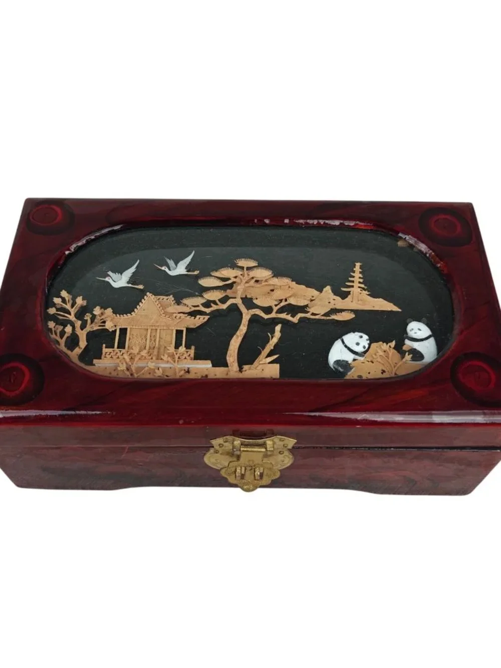 Vintage Chinese Lacquered Wooden Jewelry Box 3D Panda Crane Pagoda Asian